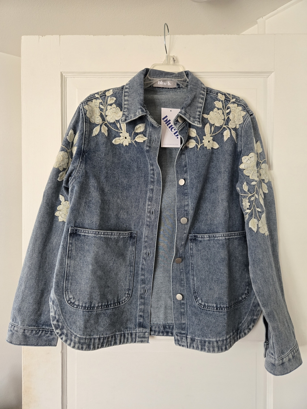 NWT Blue Denim Jacket with Ivory Floral Embroidery -
